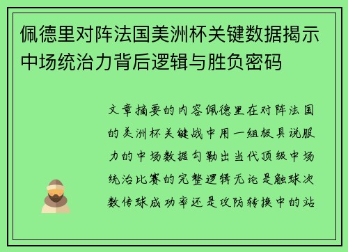 佩德里对阵法国美洲杯关键数据揭示中场统治力背后逻辑与胜负密码