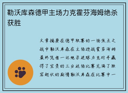 勒沃库森德甲主场力克霍芬海姆绝杀获胜